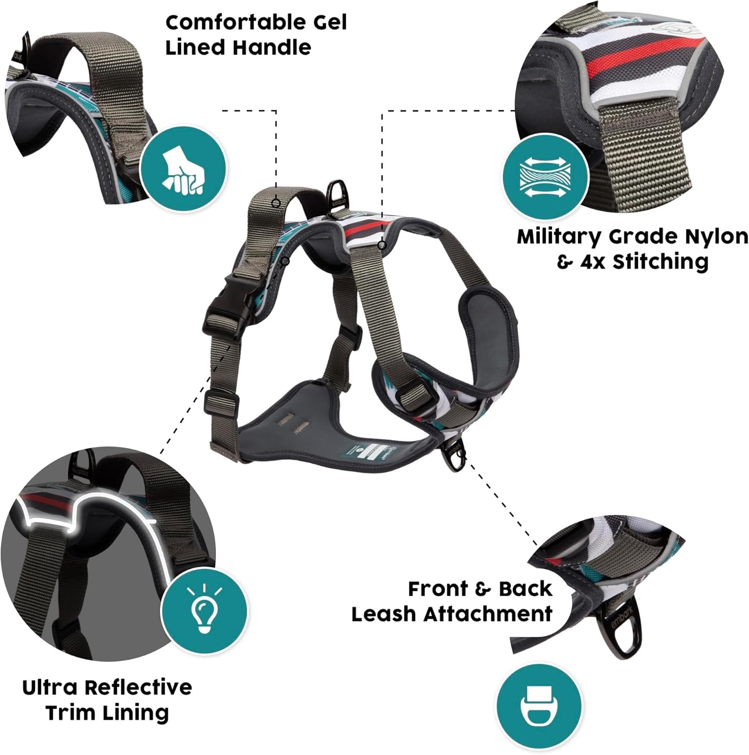 Embark Adventure Dog Harness, Reflective Trim No Pull Dog Harness Medium Sized Dogs - Military Grade Nylon, Front Clip with Gel Lined Handle.