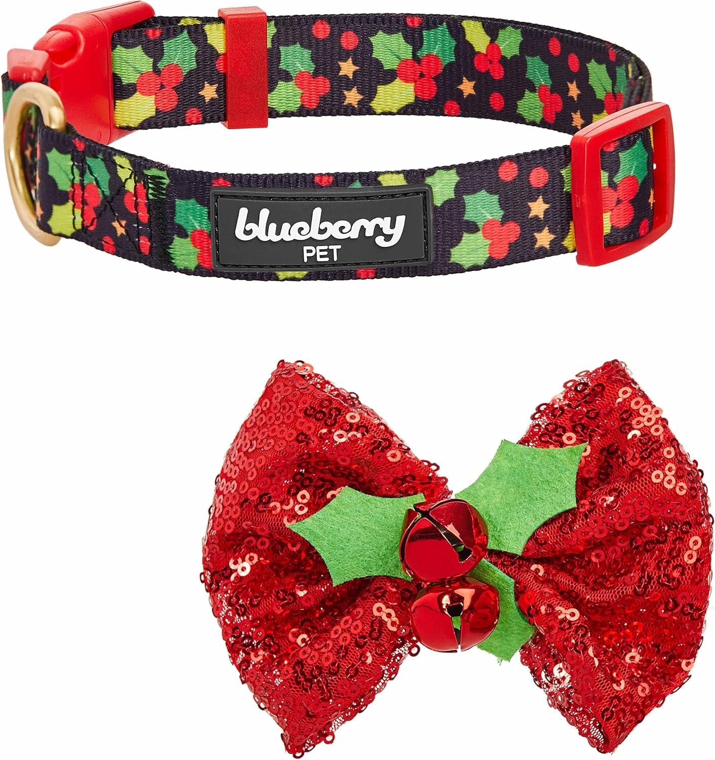 Christmas Holly Adjustable Dog Collar with Bowtie - Dog Collars for Small Dogs, Holiday Dog Collars, Christmas Collar for Dogs - Small Dog Collars for Female Dogs, 12-16" Neck