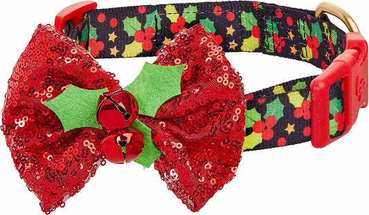 Christmas Holly Adjustable Dog Collar with Bowtie - Dog Collars for Small Dogs, Holiday Dog Collars, Christmas Collar for Dogs - Small Dog Collars for Female Dogs, 12-16" Neck