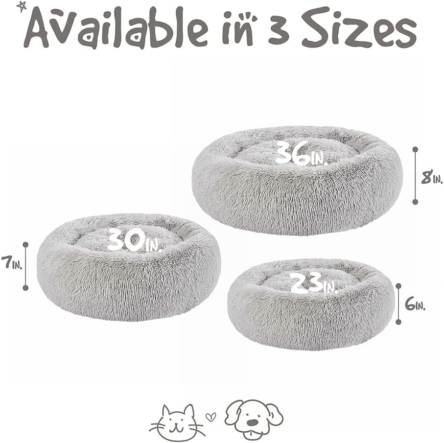 Donut Dog Bed Faux Fur Fluffy Calming Sofa for Large Dogs, Soft & Plush anti Anxiety Pet Couch for Dogs, Machine Washable Coco Pet Bed with Non-Slip Bottom, 36"X36"X8" Grey